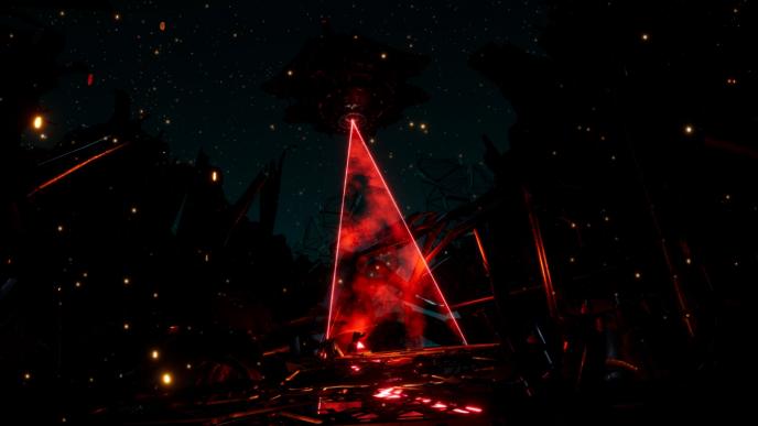 dark environment with space in the background. there is a spaceshift hovering in the top centre shooting out a red laser beam to the ground.