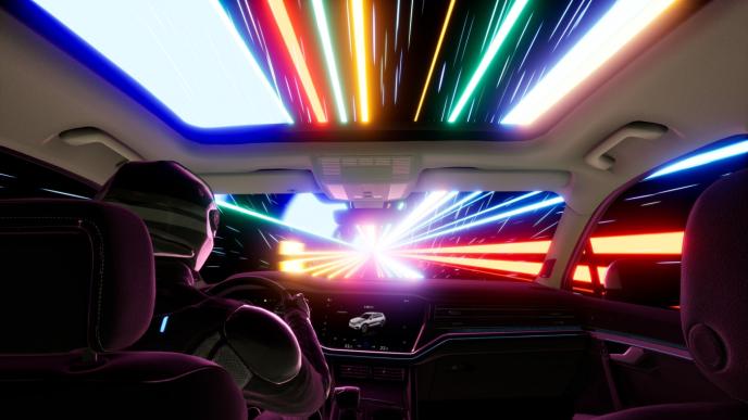 backseat perspective of a car facing the windscreen. there is a driver that is wearing a helmet and protective suit as they hold onto the steering wheel. there are colourful light beams shooting towards us from the distance that gives the effect of hyper speed.