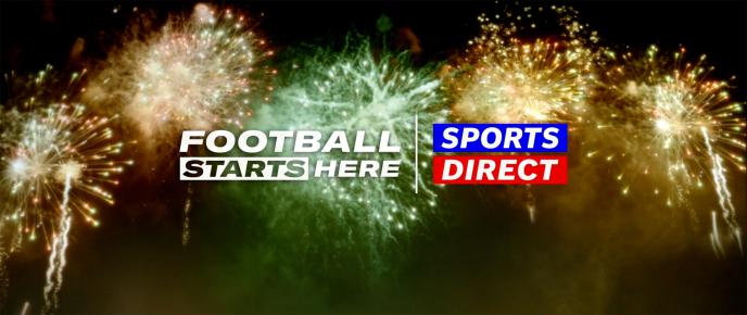 football starts here and sports direct text in front of a firework background