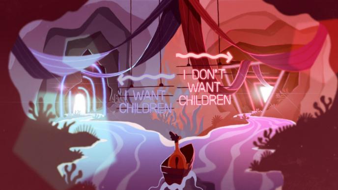 an animated character in a boat ride. there is a stream that leads up to two different caves. one says 'i want children' the other says 'i don't want children'