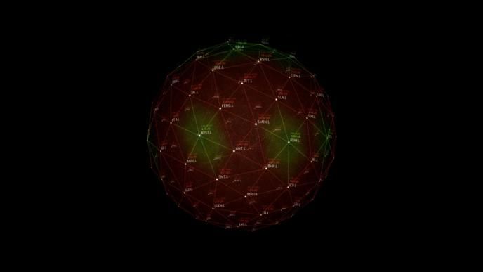 a transparent sphere that is connected with dots and fine lines depicting the stock market