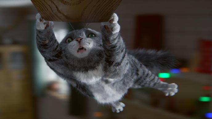 cg animated character mog the cat hanging on a kitchen cabinet flying through air looking afraid