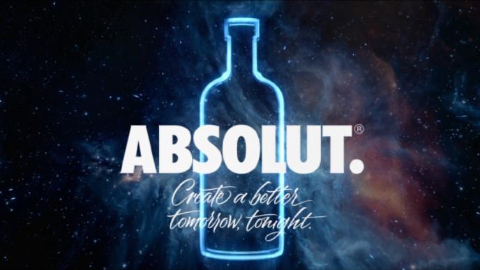 absolut vodka logo and bottle above text that reads 'create a better tomorrow, tonight' in front of colourful gaseous nebula