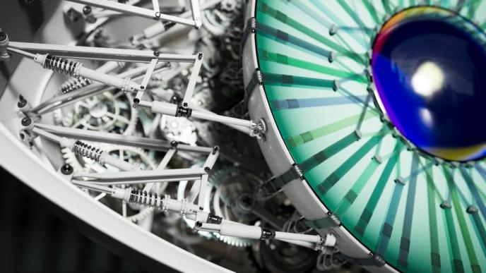 close up shot of an animated mechanical satellite shaped as an eye