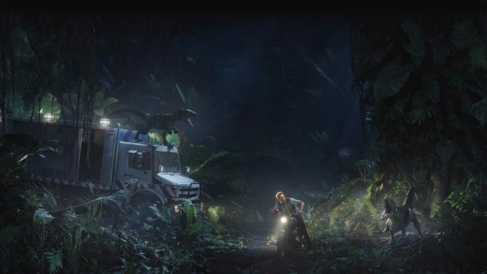 chris pratt on a motorcycle in the jungle surrounded by two raptors set in nighttime