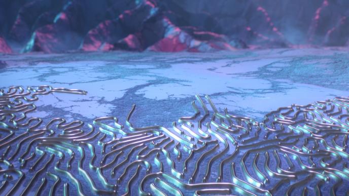 graphic imagery of a silver iridescent maze leading up to mountains