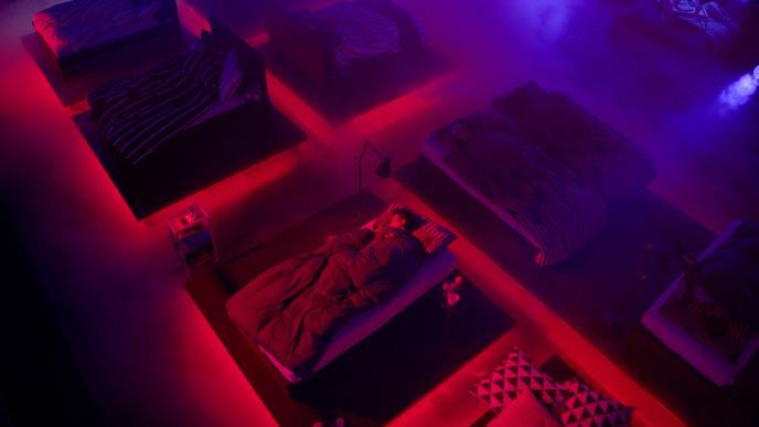 double and single beds in rows. there is purple and red mood lighting