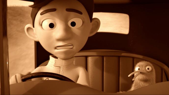 animated character driving with a confused face. there is an animated kiwi sitting in the passenger seat