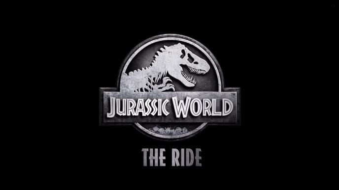 text repicting 'jurassic world - the ride' with a t-rex skeleton on the top of the text