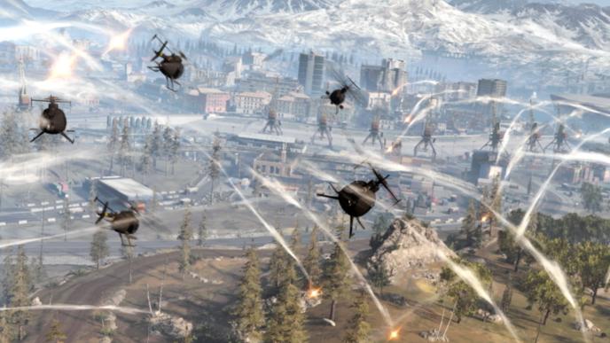 call of duty game helicopters mid air as missiles surround the background.