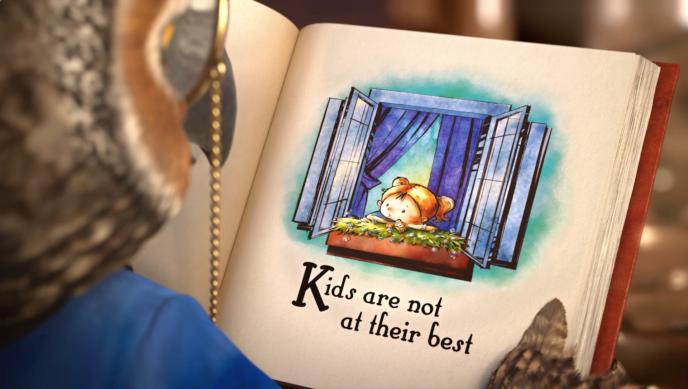 an animated owl wearing a monocle holding up a children's book that has the text 'kids are not at their best'