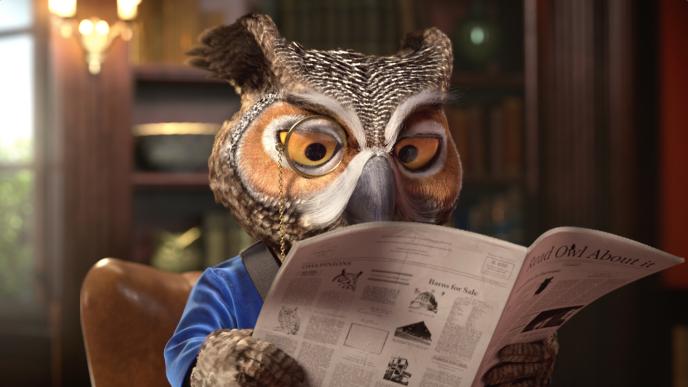 an animated owl wearing a monocle reading a newspaper