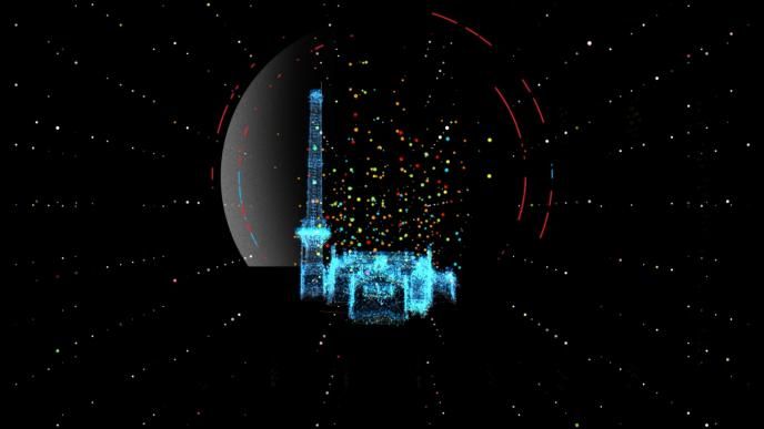 graphic image of a cityscape made up of small colourful bubbles. there are small dots surrounding the cityscape and there is colourful circular lines around