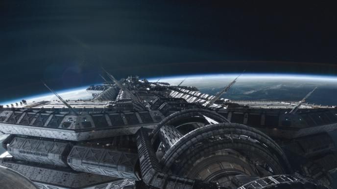 top perspective of a spacecraft floating in space above a planets atmosphere in space
