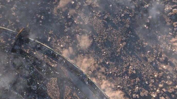 the floating city of zalem hovering above the iron city
