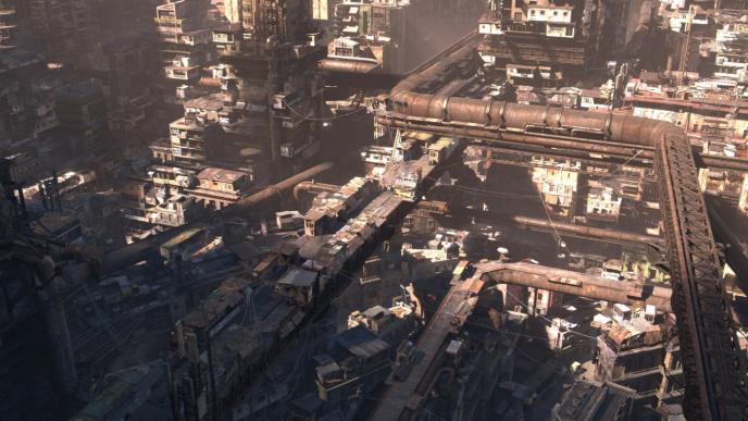 rustic industrial cityscape of iron city from alita battle angel