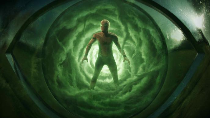 spider-man in an eye shaped tunnel standing with his arms down looking ahead. there is circular mist behind him