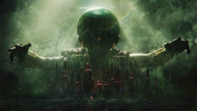 spider-man standing in front of large mirrored shards as a giant mysterio silhoutte hovering over him with his arms open