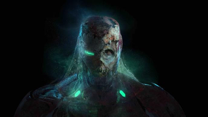 close up of a zombified iron man. spider webs cover is head and shoulders