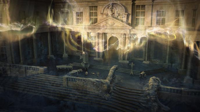 concept art of the castle entrance from the beauty and the beast transformed by magic as the characters stand outside