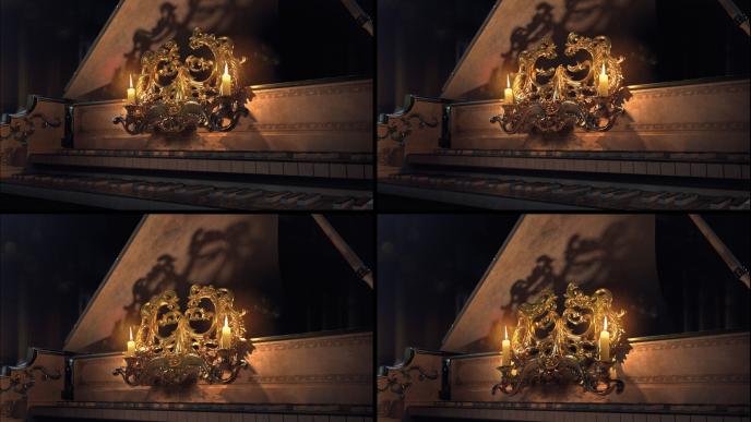 concept art of a piano that has a detailed candleholder by its keys. two candles are burning