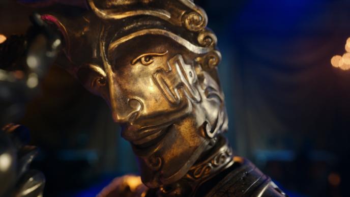 face close up of cg animated photorealistic candleholder character lumiere looking into the camera