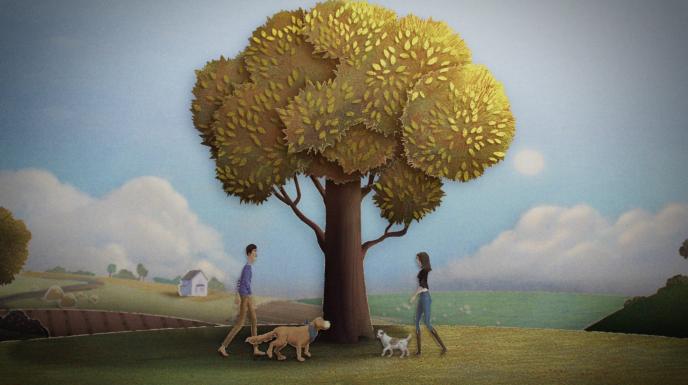 3d character and world. there are two people and a dog walking towards a tree