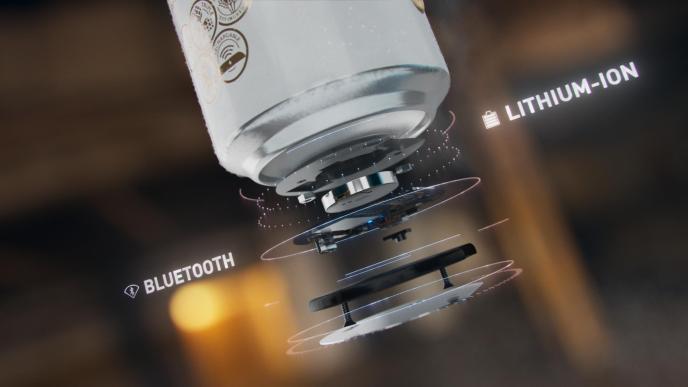 a close up view of an animated beer can that has been split up into layers to show its functionality. there are two texts on each side; 'bluetooth' and 'lithium-ion' that display its functionality