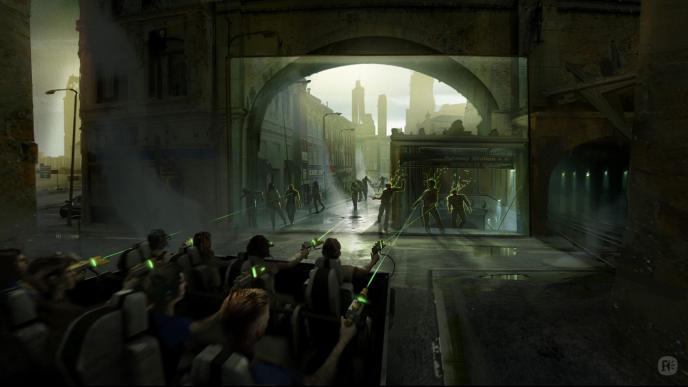 eight people in a rollercoaster ride shooting lasers at oncoming zombies