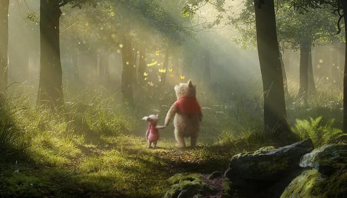 back view of concept art of piglet and winnie the pooh holding hands in the hundred acre woods