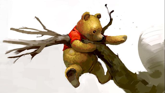 concept art of winnie the pooh stuck in a tree branch