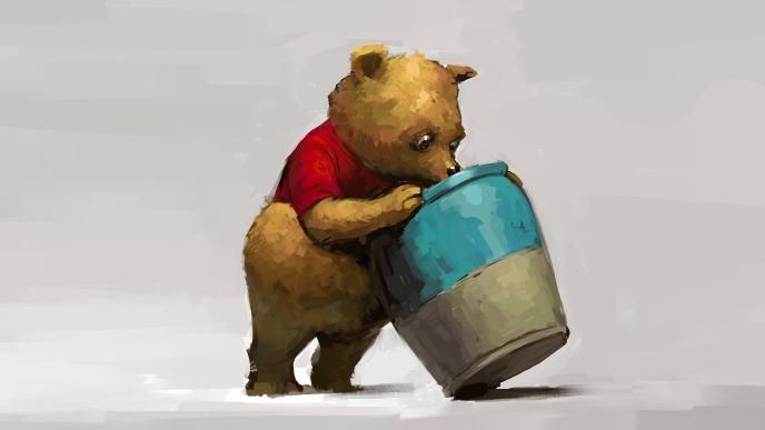 concept art of winnie the pooh looking into a large honey pot