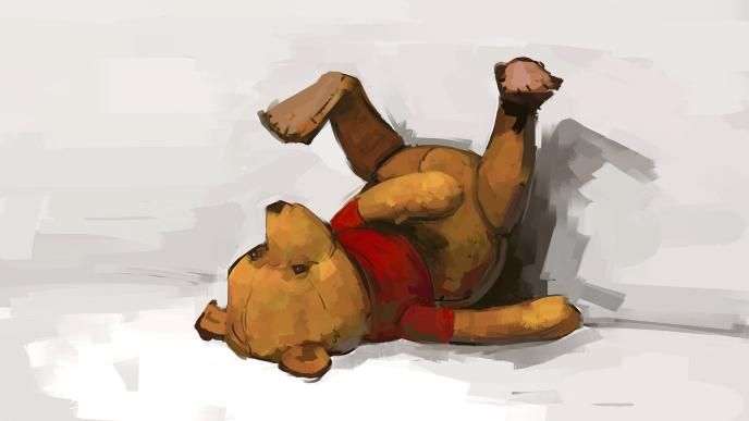 concept art of winnie the pooh laying on his back with his legs up in the air