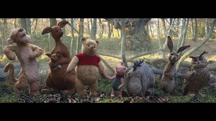 cg animated photorealistic tigger, kanga and roo, winnie the pooh, piglet, eeyore, rabbit and owl standing side by side in the hundred acre wood