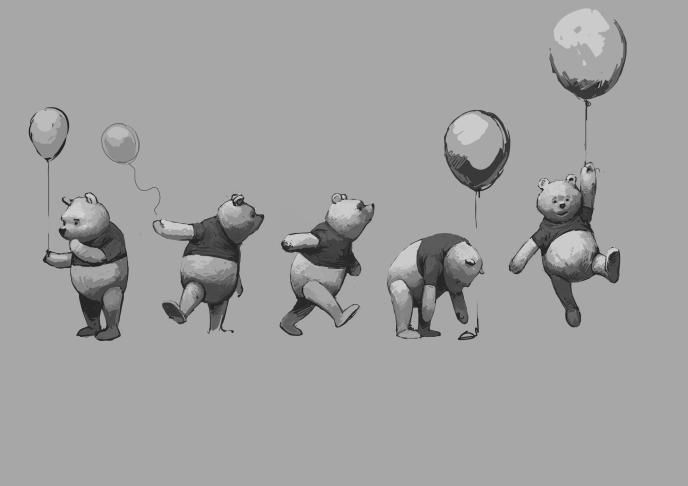 five pose sketches of winnie the pooh holding a balloon