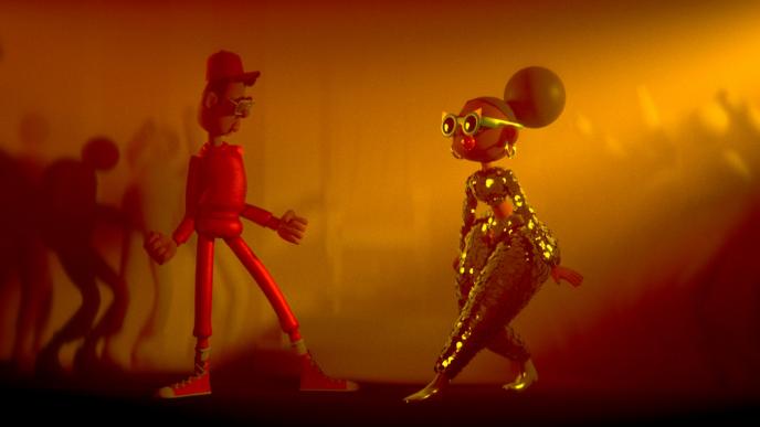 two animated characters facing each other during a dance off on a dancefloor