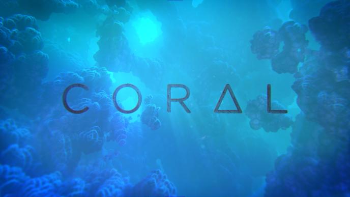coral text in the centre of an underwater coral reef