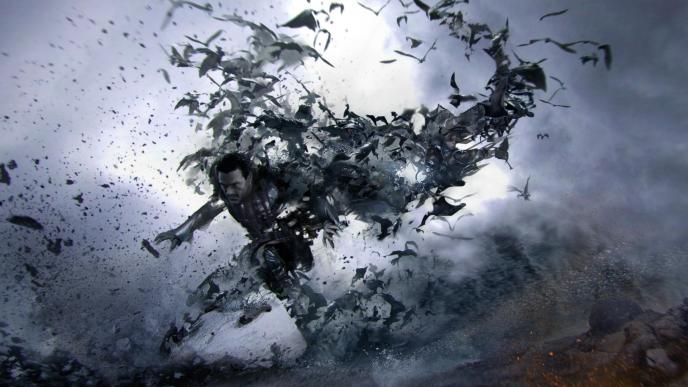 count dracula crouching as hundres of bats form around his body giving a winged illusion