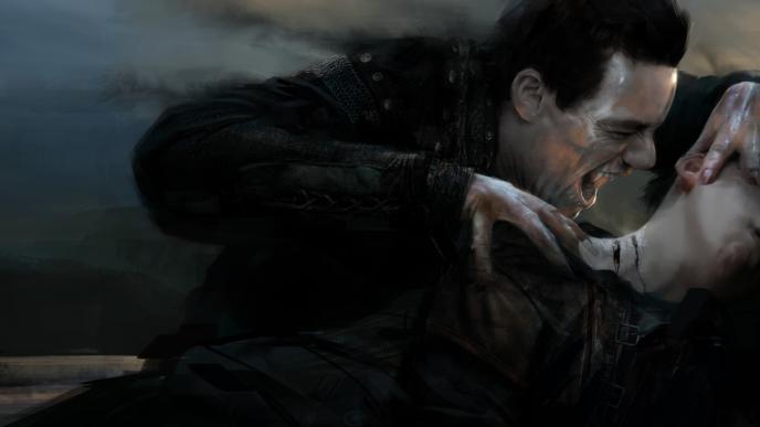 actor luke evans as vlad about to bite into someones neck