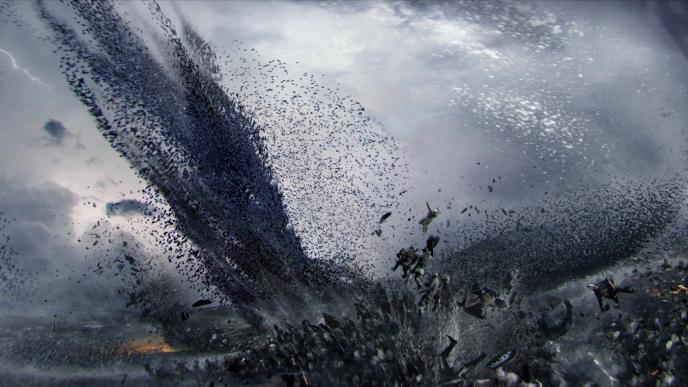thousands of bats descending onto hundreds of medieval soldiers in a battlefield