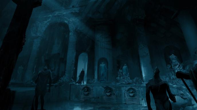 interior of castle darcula that is adorned in headless marble statues as count dracula stands under an archway