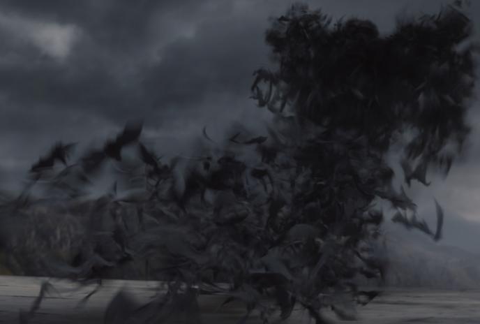 dracula turning into bats in front of cloudy sky