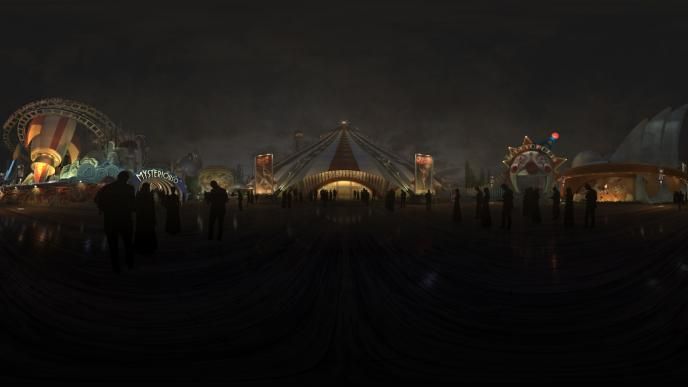 front view of the dreamland boulevard entrance lit up at night as silhouttes of people stand by