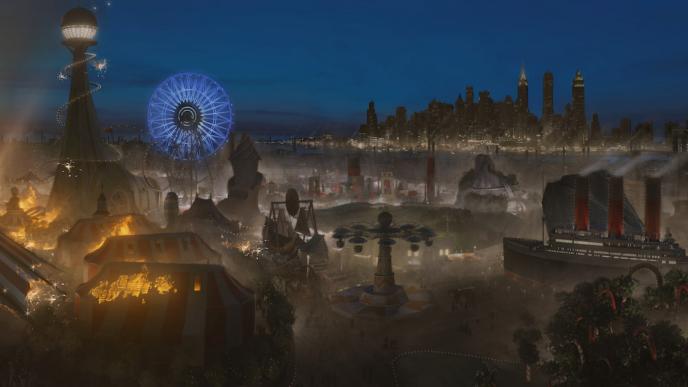 aerial view of dreamland fun fair ablaze and submerged in smoke as the new york city skyline twinkles in the background