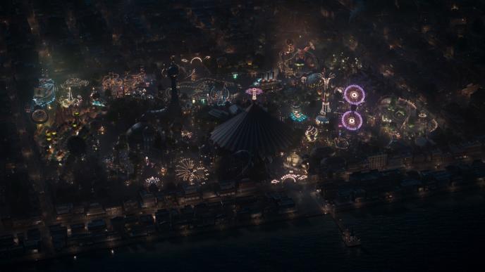aerial view of the fun dair dreamland lit up during nighttime