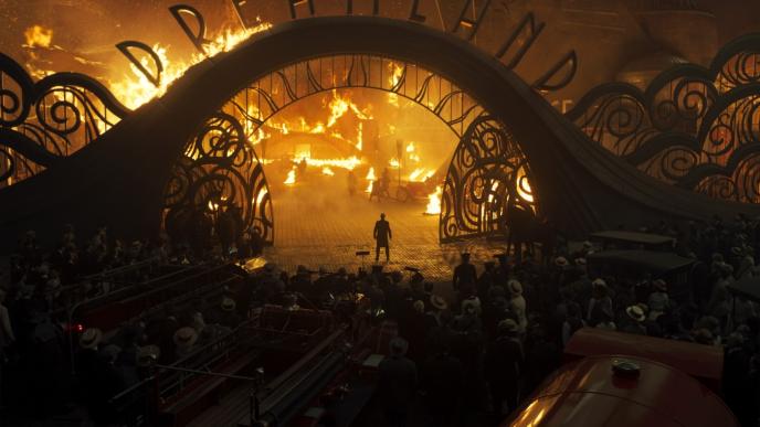 perspective through the fun fair dreamland entrance as it is engulfed in flames