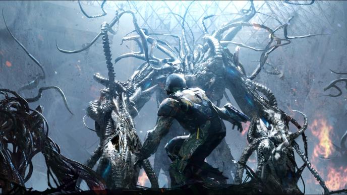 back view of a soldier in full body armour crouching in front of a giant mimic alien