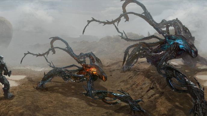a soldier in full body armour standing next to two large mimic aliens 