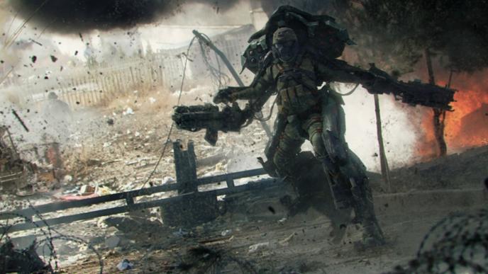 a soldier in full body armour walking through an explosion