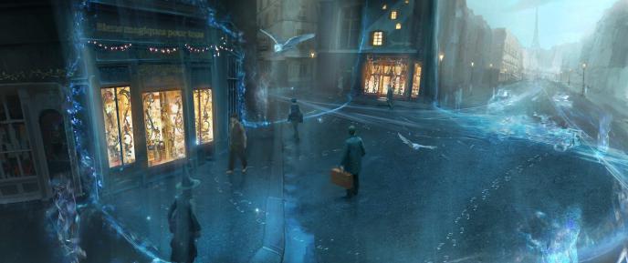 digital art of witches and wizards walking through a high street in paris as an owl flies above. the eiffel tower silhoutte is visible in the distance. there are blue shadows and shapes of cars whizzing through the road